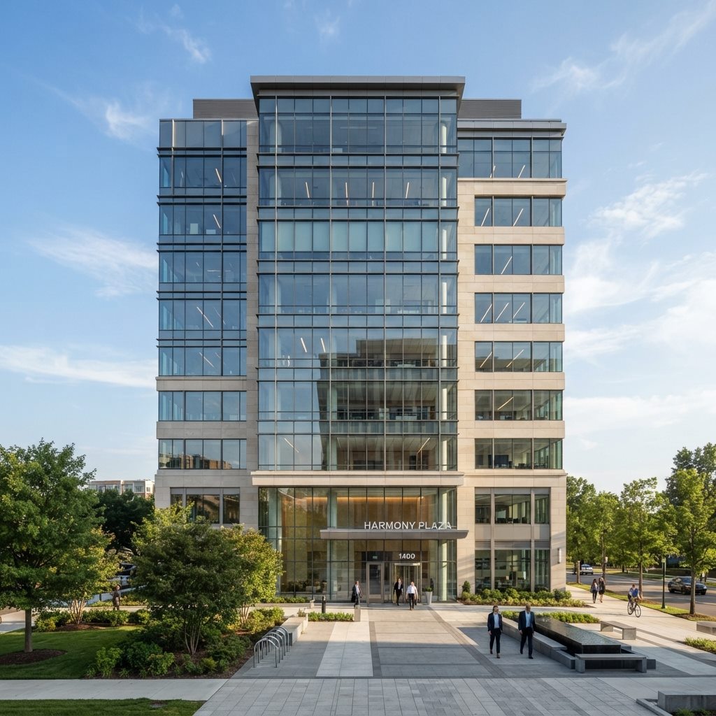 A modern glass office building, representing TexPest discreet commercial pest management.