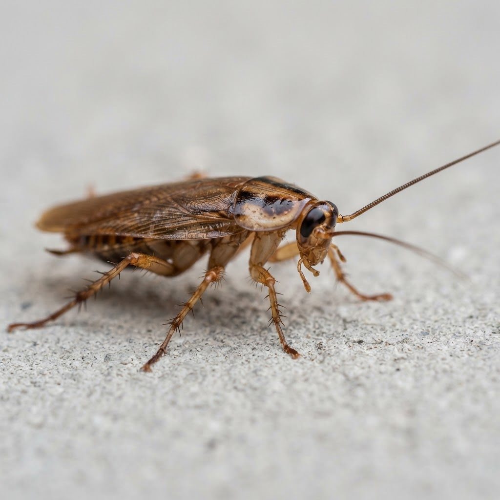 Close-up of a cockroach, representing TexPest roach spraying and German roach baiting.