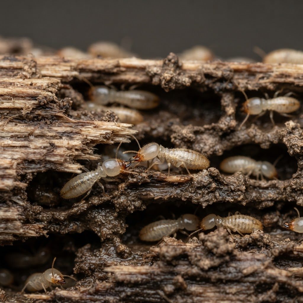 Termite damage tunnelling through timber, representing TexPest Sentricon termite baiting systems.